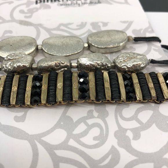 Set of 3 Mixed Metal Gold Silver Beaded Pull Corded Braided Bracelets - Picture 2 of 4